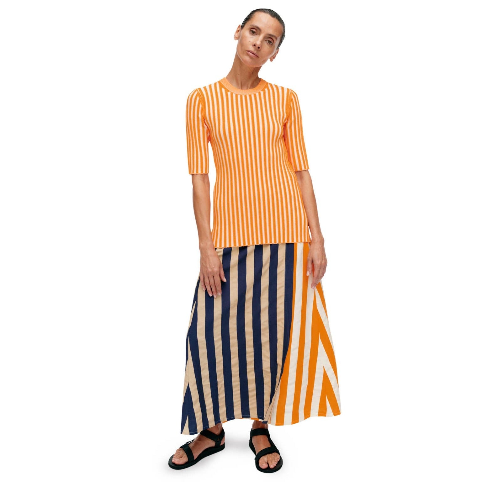 Marimekko Kahlaus Merirosvo Striped Wrap Skirt, Orange, Beige, White & Dark Blue