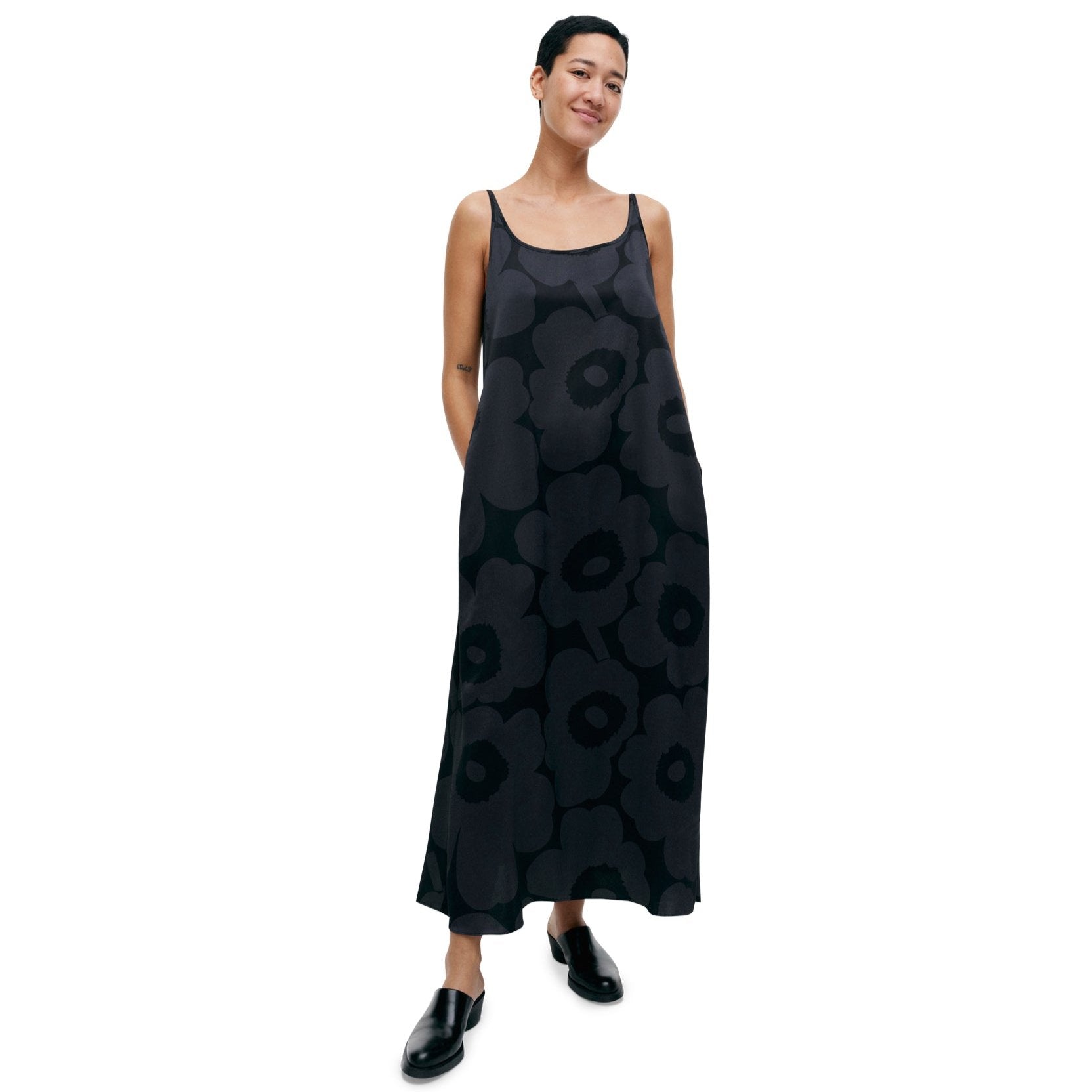Marimekko Seurassa Unikko Satin Dress, Black & Grey - Eleish Van