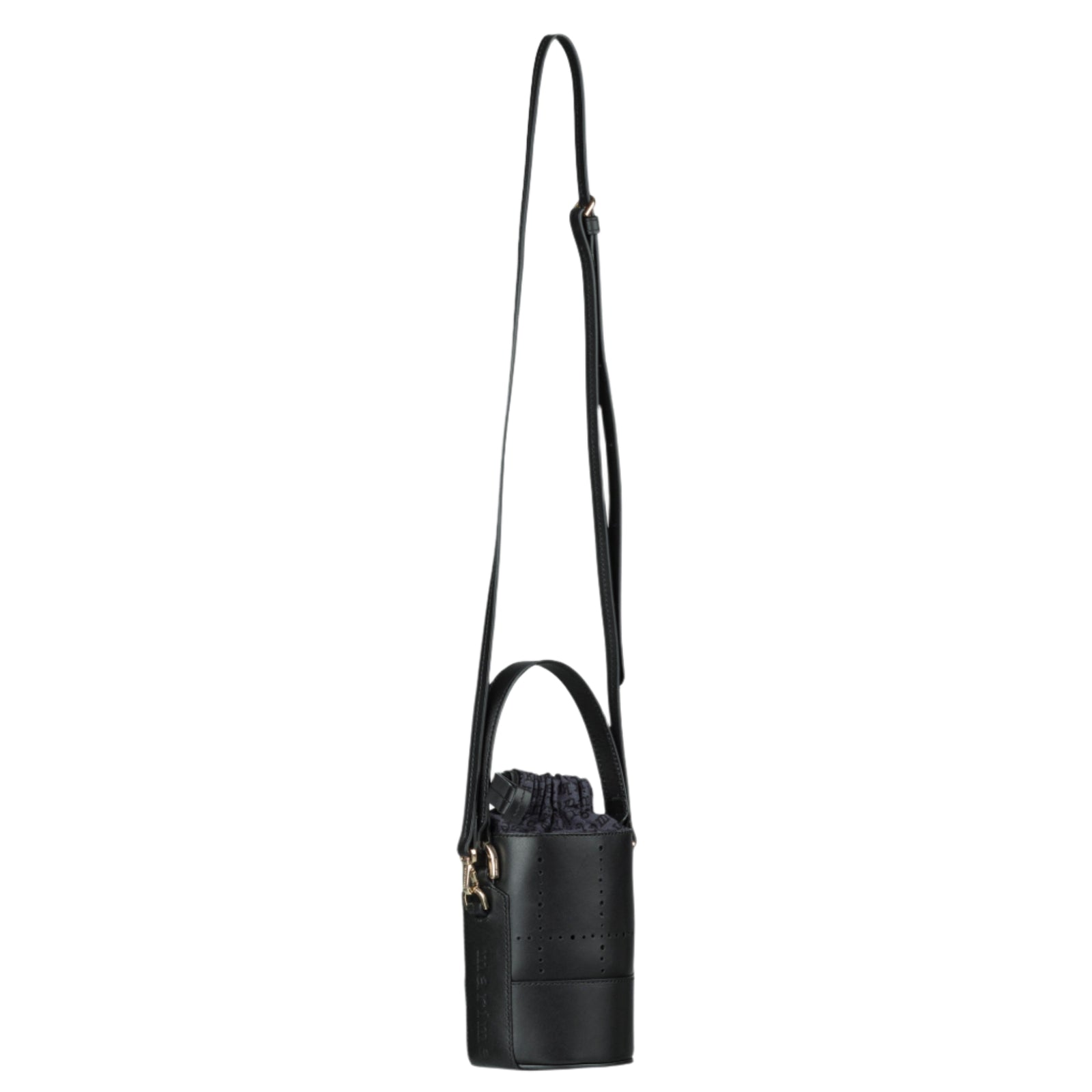 Black handbag with a strap on a light gray background