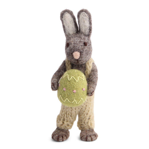 Felted Wool Grey Bunny with pants and Green Egg