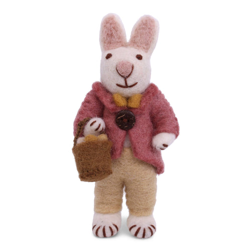 Felted Wool White Bunny With Jacket, Butterfly & Egg Basket with String
