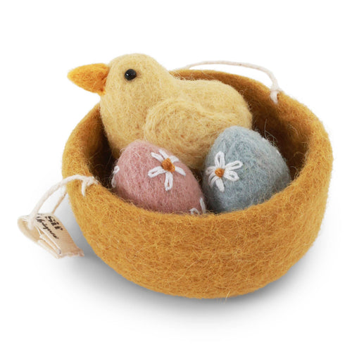 Felted Wool Nest With Eggs & Chick Ornament