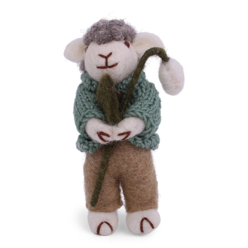 Felted Wool Grey Sheep With Green Jacket & Snowdrop with String