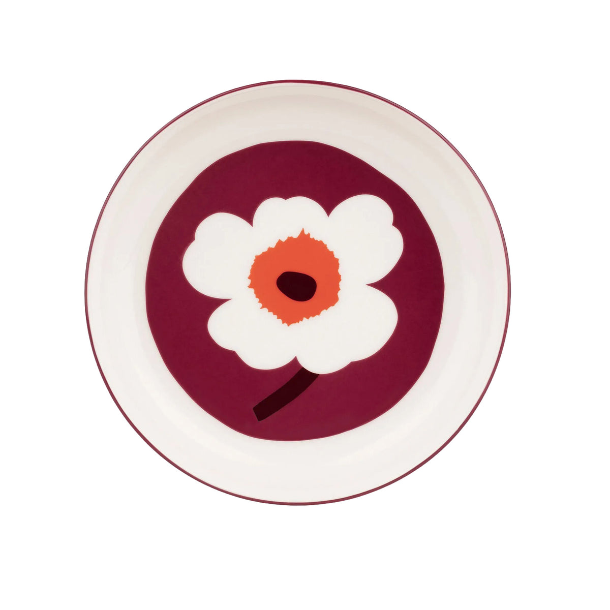 Marimekko Oiva / Unikko 8&quot; Plate/Bowl, White &amp; Burgundy Eleish Van Breems Home