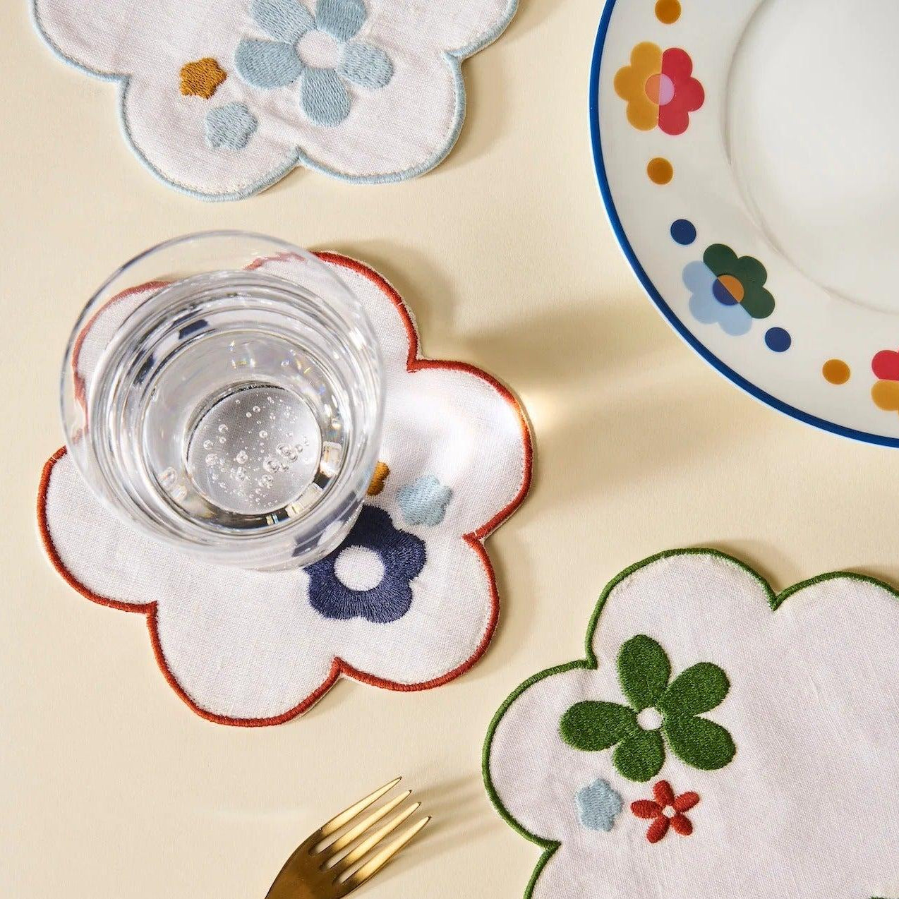 Floral Embroidered Linen Coasters (Set of 4) Eleish Van Breems Home