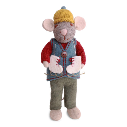 Medium Grey Boy Mouse Ornament With Waistcoat & Ice Skates