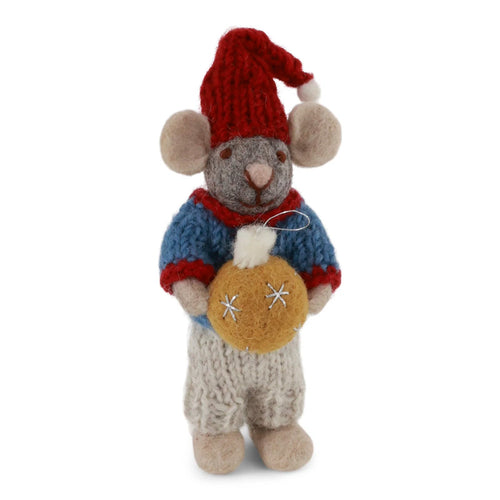 Small Grey Boy Mouse Ornament With Christmas Bauble