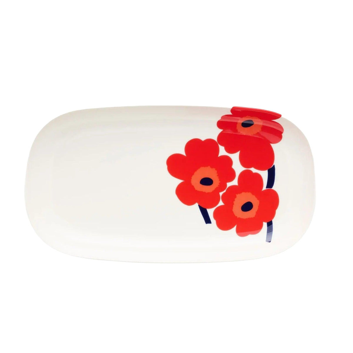 A white oval tray with a cluster of red poppy flowers and dark blue stems on the right side, set against a plain white background.
