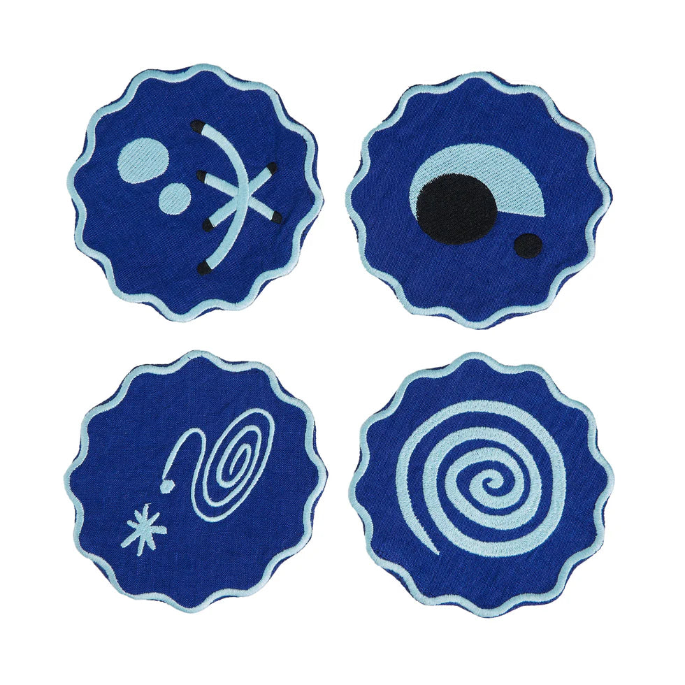 Celestial Embroidered Linen Coasters in Blue (Set of 4) Eleish Van Breems Home