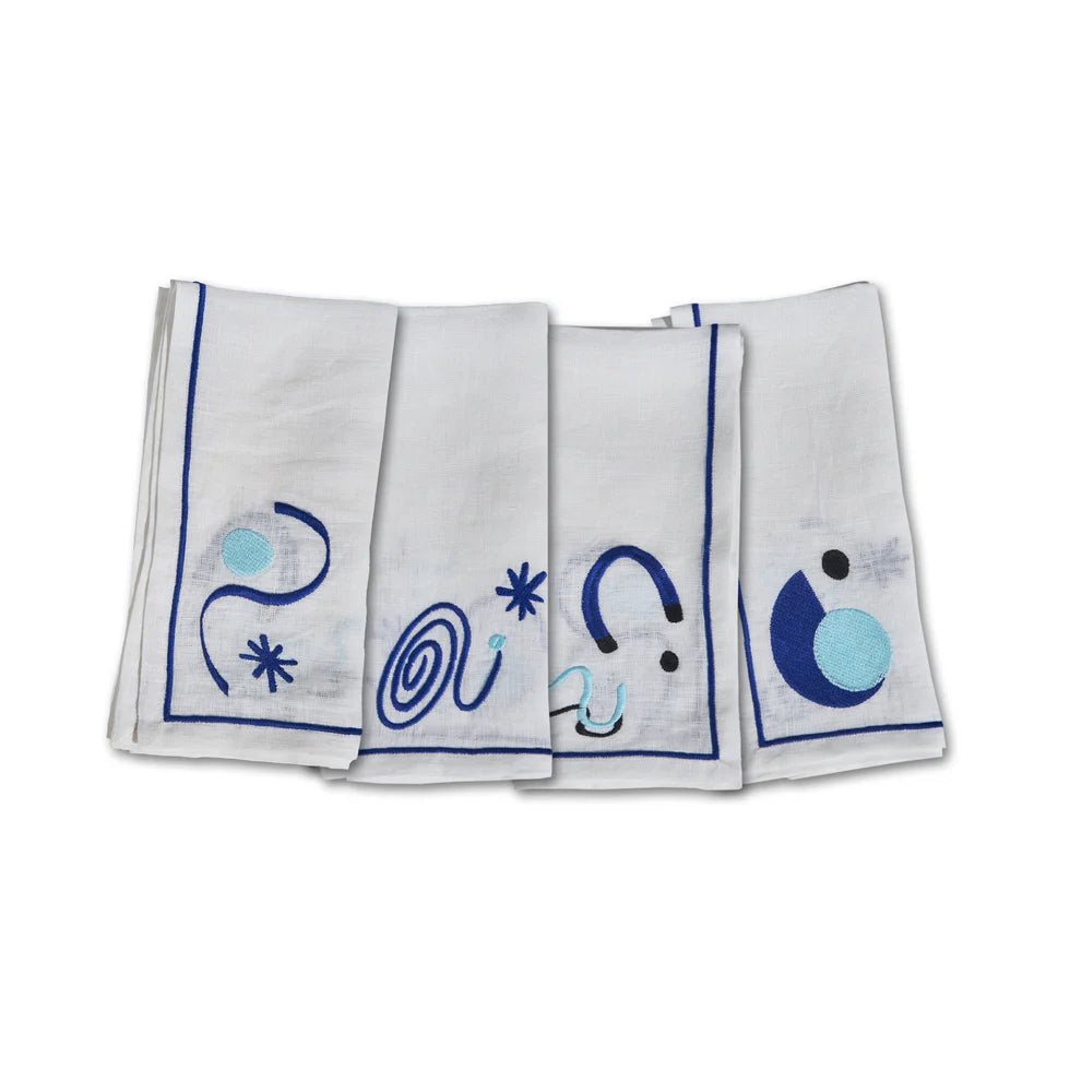 Celestial Embroidered Linen Napkins in Blue (Set of 4) Eleish Van Breems Home