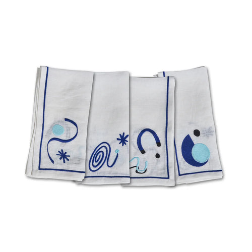 Celestial Embroidered Linen Napkins in Blue (Set of 4)