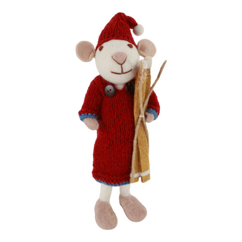 Big White Girly Mouse With Red Dress & Skis