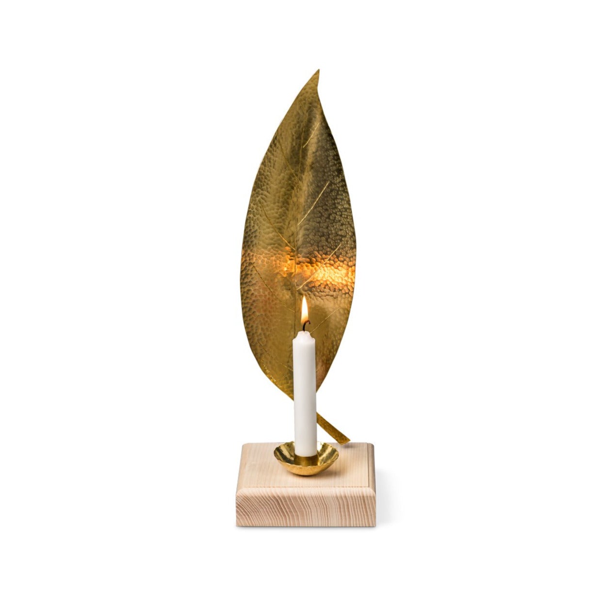 Swedish Brass Avocado Leaf Candleholder with Natural Base