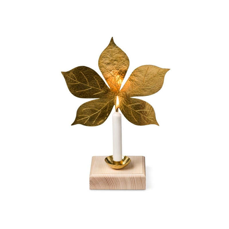 Swedish Brass Chestnut Leaf Candleholder with Natural Base